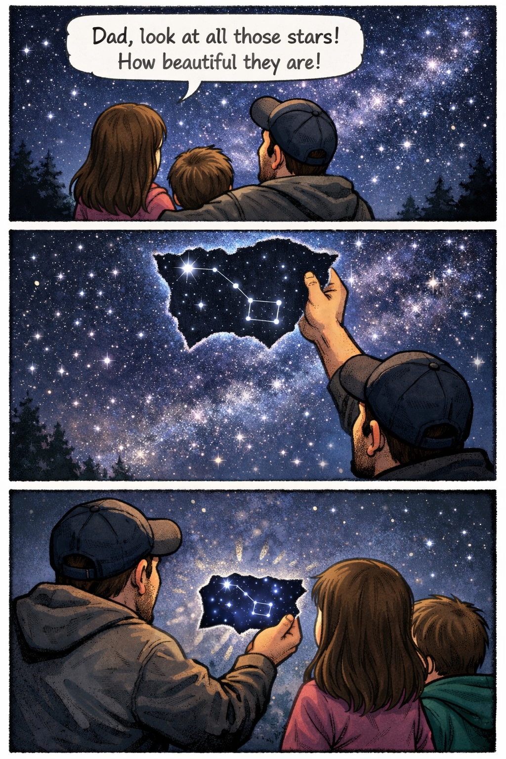 Three-panel comic: a father points at the stars with his children, holds up the glowing Ursa Minor poster against the night sky, then hands it to them saying — Now these stars will always be with you.
